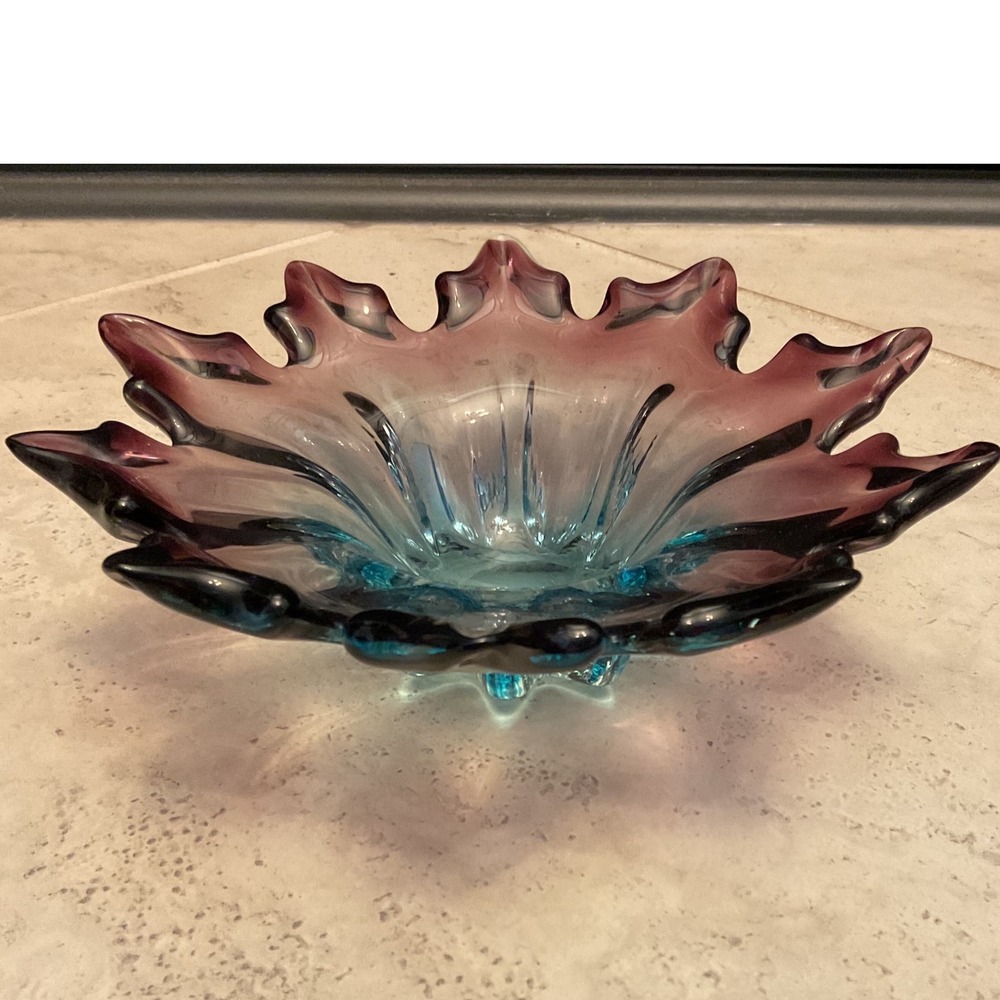 Vintage Murano Style Art Glass Bowl Blue Purple Scalloped Centerpiece 11 Inch